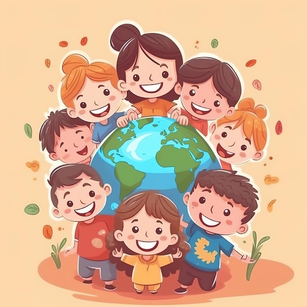 Ilustracja przedstawiająca dziecko trzymające grupę dzieci z całego świata