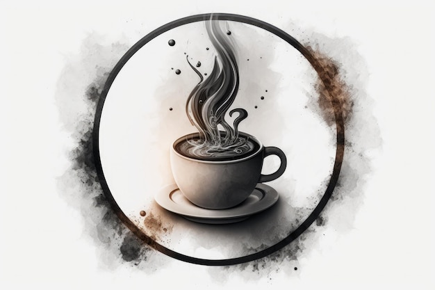 Ilustracja przedstawiająca filiżankę kawy wychodzącą z ikony logo pary Generative AI