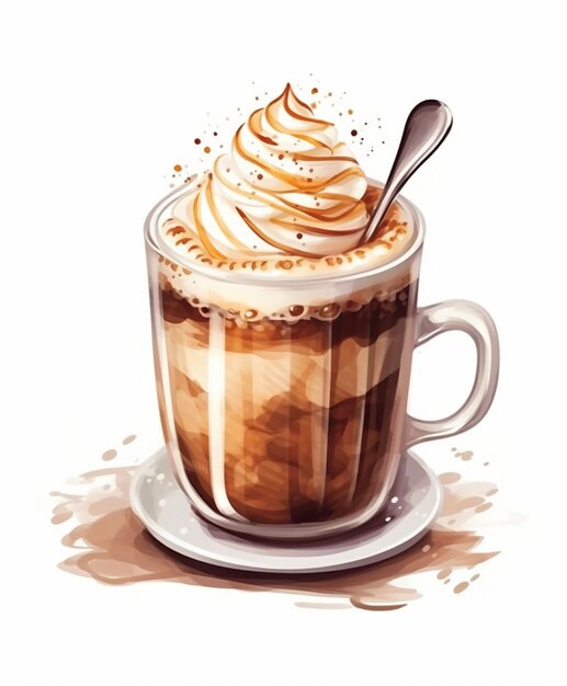 Ilustracja przedstawiająca filiżankę kawy z bitą śmietaną i generatywną łyżką ai