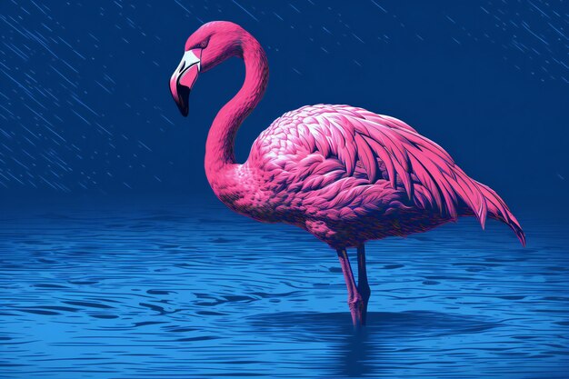 Ilustracja przedstawiająca flaminga w wodzie z kroplami deszczu