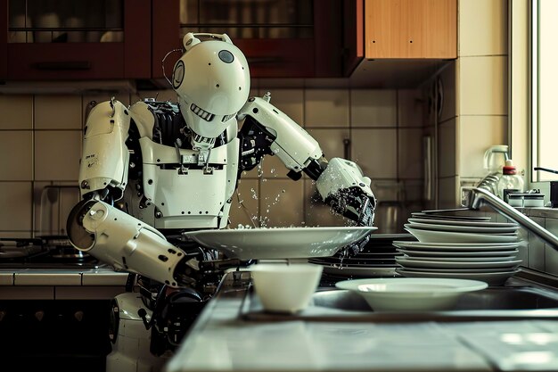 Zdjęcie ilustracja przedstawiająca generatywną sztuczną inteligencję robota nowej generacji ai czyszczącego naczynia