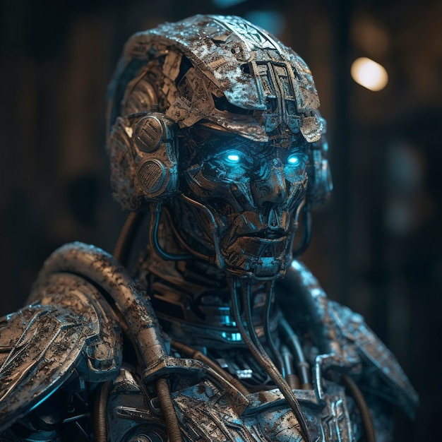 Ilustracja przedstawiająca głowę cyborga w przerażającej futurystycznej masce z zębami i czerwonymi jasnymi oczami Cyberpunkowy magik w trudnym sąsiedztwie w nocy generuje ai