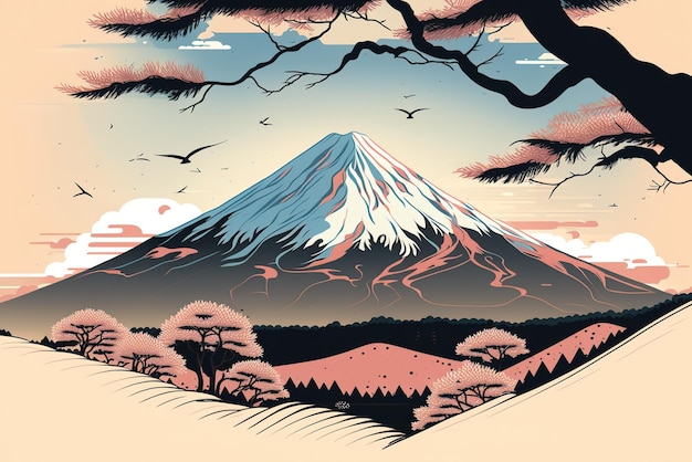 Zdjęcie ilustracja przedstawiająca górę fuji w pastelowych kolorach