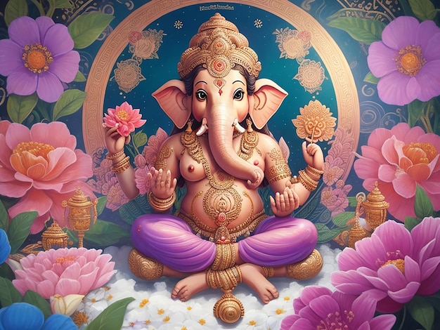 ilustracja przedstawiająca hinduskiego Boga Ganesha z kwiatami, obraz olejny wzniesiony do nieba