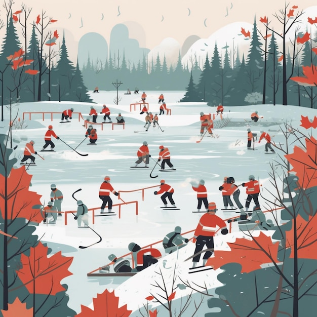Ilustracja przedstawiająca hokeistów na lodowisku z napisem hokej na dole.