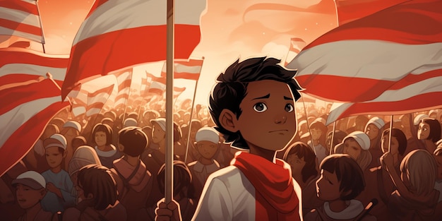 Ilustracja przedstawiająca indonezyjskiego chłopca trzymającego w tłumie flagę Indonezji