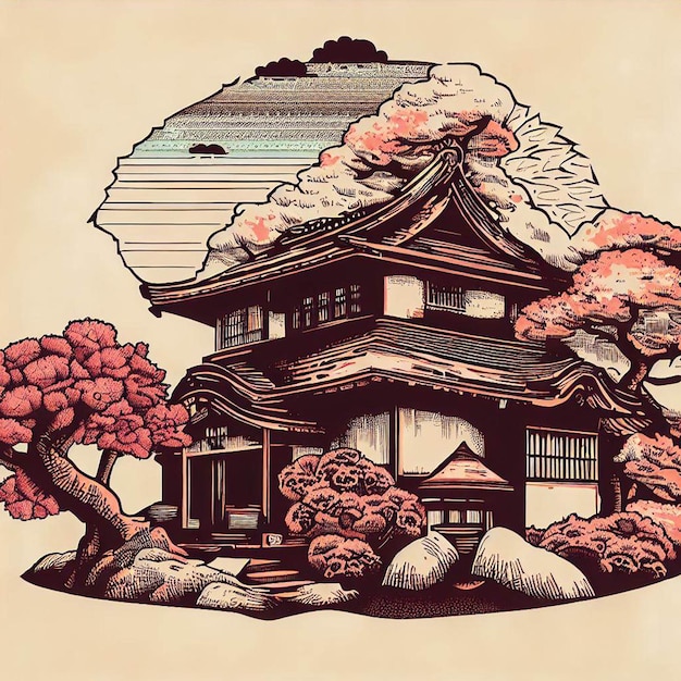 ilustracja przedstawiająca japoński dom i drzewa