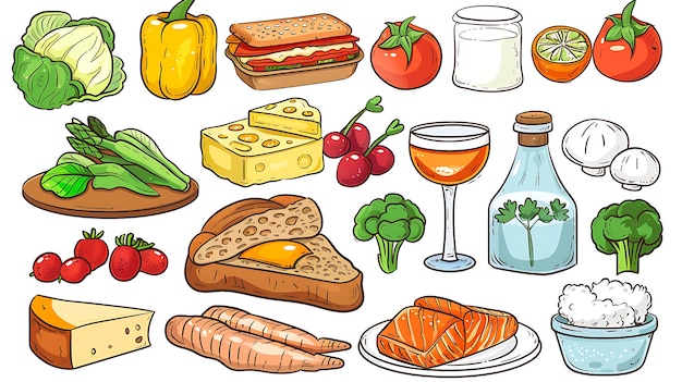 Ilustracja przedstawiająca jedzenie, które zjadłem dzisiaj izolowane białe tło