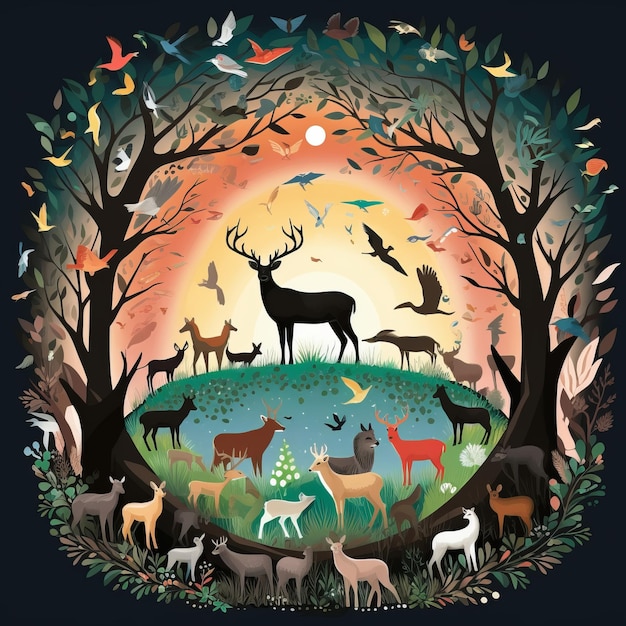 Ilustracja przedstawiająca jelenie i ptaki w lesie o zachodzie słońca