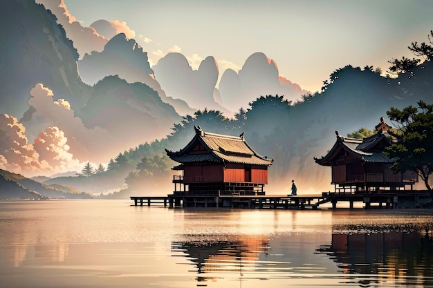 Ilustracja przedstawiająca jezioro z chińskimi domami i kajakiem