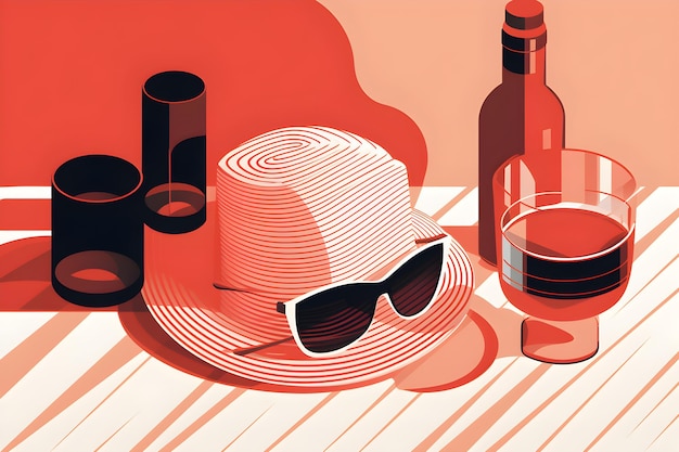 Ilustracja przedstawiająca kapeluszowe okulary i butelkę wina na ręczniku plażowym