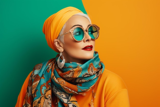Zdjęcie ilustracja przedstawiająca kobietę w okularach i turbanie pozuje na kolorowym tle