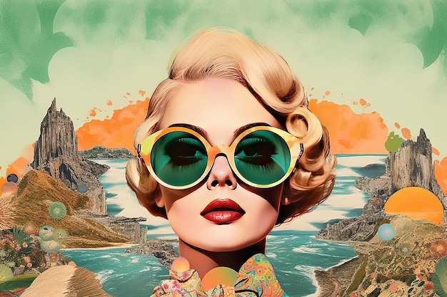Ilustracja przedstawiająca kobietę w okularach przeciwsłonecznych w stylu inspirowanym pop-artem i zjawiskową kompozycją podróży retro glamour Generative AI