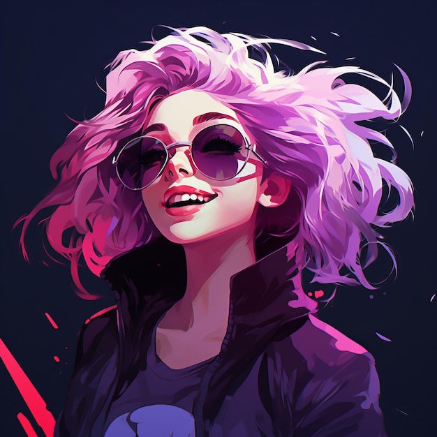 ilustracja przedstawiająca kobietę z fioletowymi włosami i okularami przeciwsłonecznymi