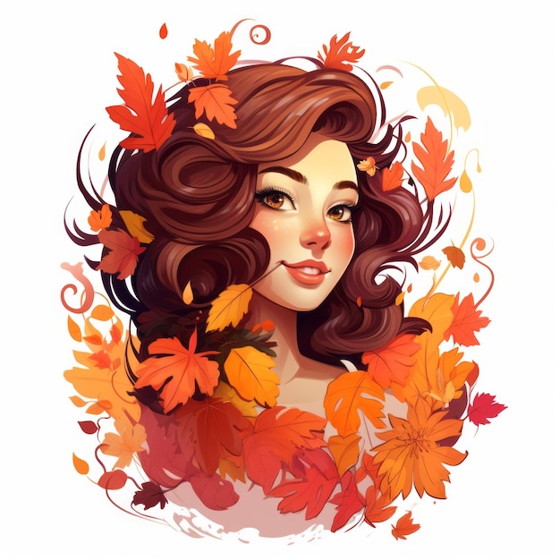 ilustracja przedstawiająca kobietę z rudymi włosami otoczoną jesiennymi liśćmi