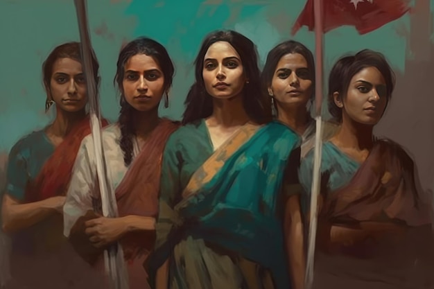 Zdjęcie ilustracja przedstawiająca kobiety trzymające flagi inspirowana indyjską popkulturą przedstawiająca koncepcję silnych i upełnomocnionych kobiet generative ai