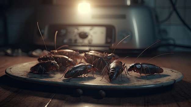 ilustracja przedstawiająca kolekcję karaluchów szukających pożywienia