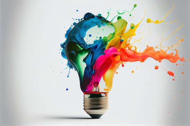 Ilustracja przedstawiająca kolorową żarówkę z odrobiną kolorów Generacyjna sztuczna inteligencja