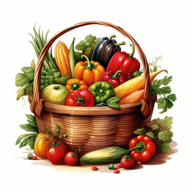 Zdjęcie ilustracja przedstawiająca kosz z warzywami na białym tle