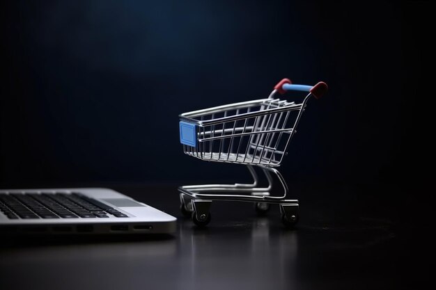 Ilustracja przedstawiająca koszyk i laptop sklepy internetowe koncepcja niebieskie tło Generative AI