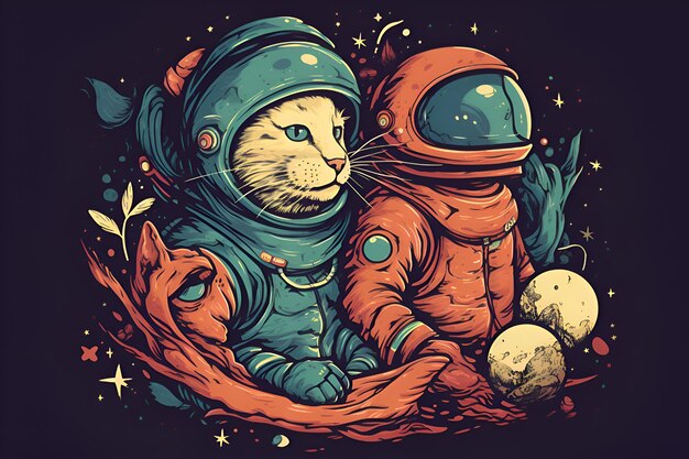 Ilustracja przedstawiająca koty astronautów w skafandrach kosmicznych w kosmosie Generatywna AI 1