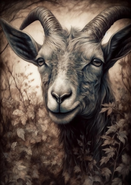 Ilustracja przedstawiająca kozę w fikcyjnej scenerii do ramki Grafika koncepcyjna zwierząt gospodarskich