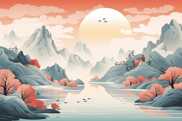 Ilustracja przedstawiająca krajobraz rzeki Guilin Li i gór krasowych Chiny Generatywna ai