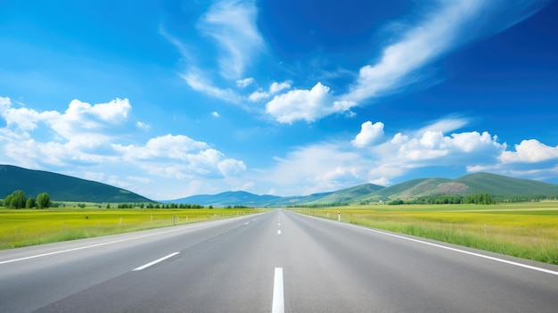 Ilustracja przedstawiająca krajobraz z wiejską drogą, pusta droga asfaltowa na tle błękitnego pochmurnego nieba. Wielokolorowy, żywy obraz poziomy na zewnątrz, ilustracja generatywnej AI