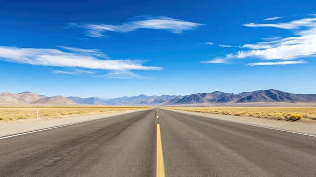 Ilustracja przedstawiająca krajobraz z wiejską drogą, pusta droga asfaltowa na tle błękitnego pochmurnego nieba. Wielokolorowy, żywy obraz poziomy na zewnątrz, ilustracja generatywnej AI