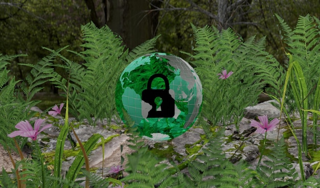 Ilustracja przedstawiająca kulę ziemską z ikoną kłódki z motywem chłodnego i zielonego gęstego lasu