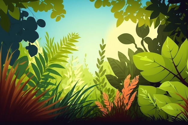 Ilustracja przedstawiająca las z błękitnym niebem i słońcem przeświecającym przez liście.