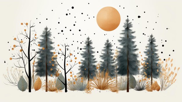 ilustracja przedstawiająca las z drzewami i trawą