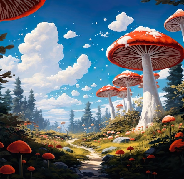 Ilustracja przedstawiająca las z grzybami i strumieniem biegnącym przez niego