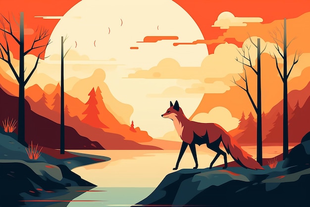 Ilustracja przedstawiająca lisa w krajobrazie z zachodem słońca w tle.