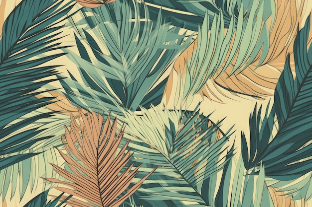 Ilustracja przedstawiająca liście palmowe na żywym żółtym tle, stworzona przy użyciu technologii generatywnej sztucznej inteligencji