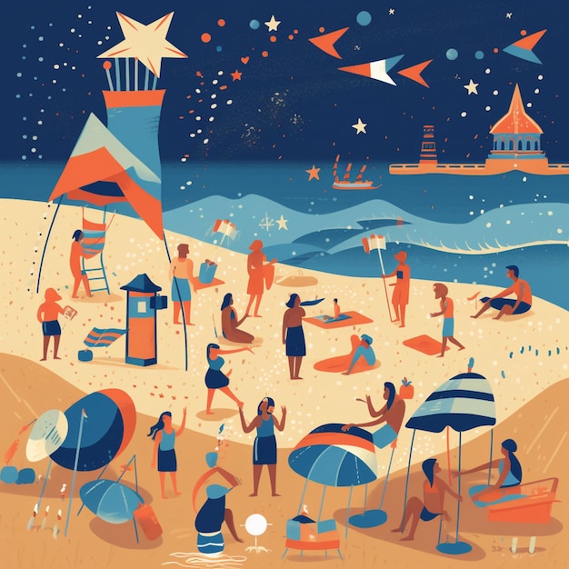 Ilustracja przedstawiająca ludzi na plaży z gwiazdą na górze.
