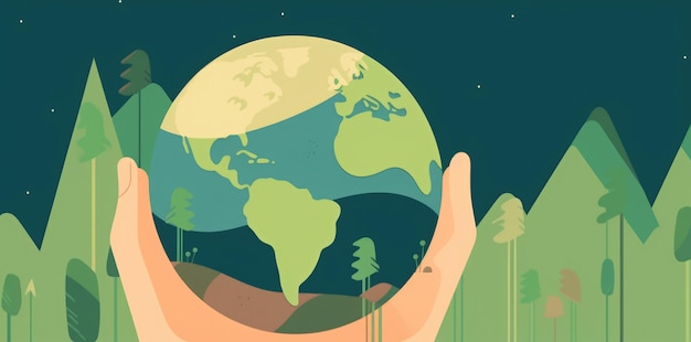 Ilustracja przedstawiająca ludzkie dłonie trzymające planetę Ziemia w kolorach pomarańczowym i zielonym reprezentująca koncepcję ekologii i zmian klimatycznych Generative AI