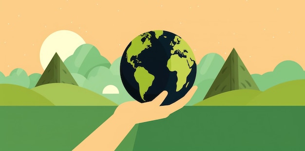 Ilustracja przedstawiająca ludzkie dłonie trzymające planetę Ziemia w kolorach pomarańczowym i zielonym reprezentująca koncepcję ekologii i zmian klimatycznych Generative AI