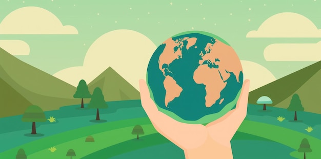 Ilustracja przedstawiająca ludzkie dłonie trzymające planetę Ziemia w kolorach pomarańczowym i zielonym reprezentująca koncepcję ekologii i zmian klimatycznych Generative AI