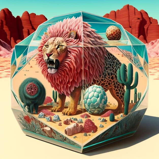Zdjęcie ilustracja przedstawiająca lwa w okrągłym szklanym krysztale na tle pustyni