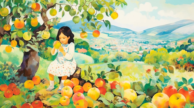 ilustracja przedstawiająca małą dziewczynkę zbierającą jabłka w ogrodzie Zabawa dla dzieci na świeżym powietrzu Zdrowe odżywianie
