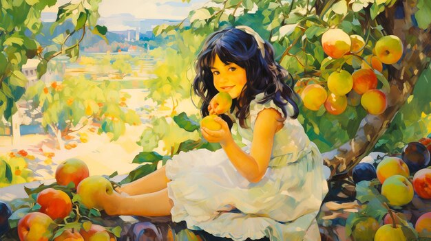 ilustracja przedstawiająca małą dziewczynkę zbierającą jabłka w ogrodzie Zabawa dla dzieci na świeżym powietrzu Zdrowe odżywianie