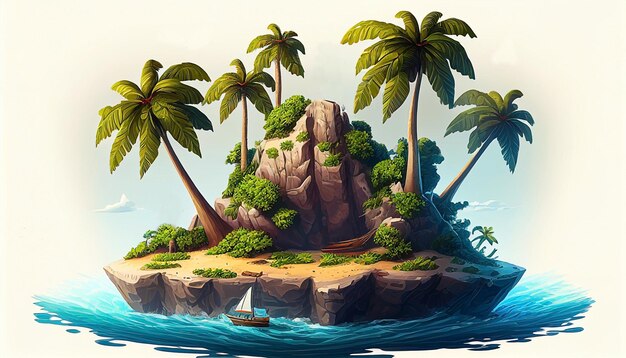 Ilustracja przedstawiająca małą wyspę na środku morza