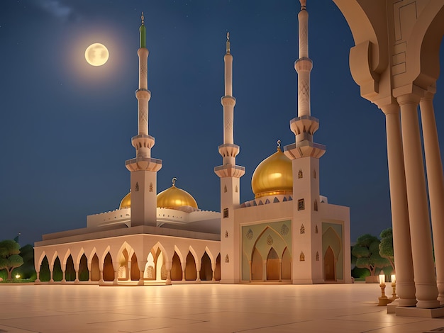 Ilustracja przedstawiająca meczet w nocy generatywnej sztucznej inteligencji