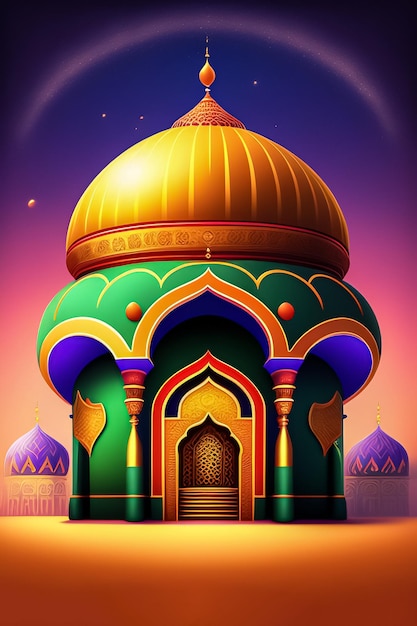 Ilustracja przedstawiająca meczet z napisem „eid” na szczycie Ramadan mubarak