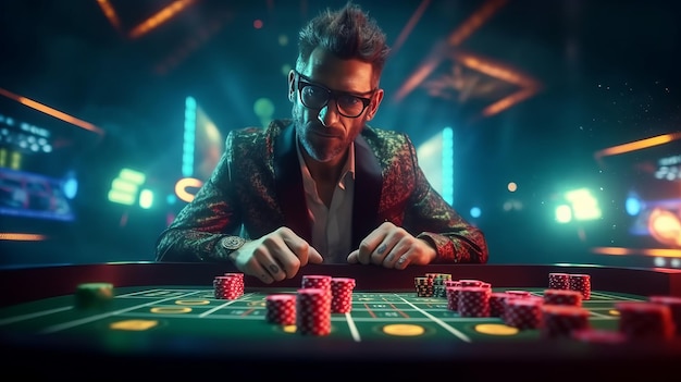 Ilustracja przedstawiająca mężczyznę grającego w kości w kasynie