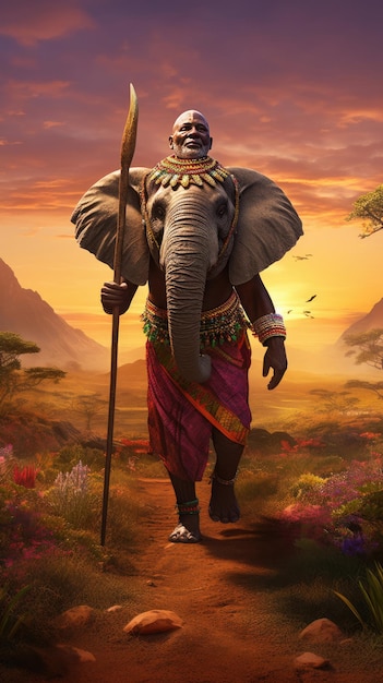 Ilustracja przedstawiająca mężczyznę niosącego słonia na plecach na obrazie