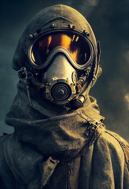 Ilustracja przedstawiająca mężczyznę noszącego skomplikowaną maskę gazową postapokaliptyczną kinową sztukę generowaną przez sztuczną inteligencję