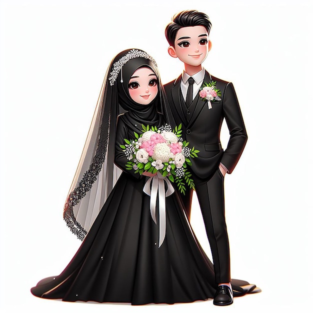 ilustracja przedstawiająca muzułmańską parę weselną ubraną w czarne ubrania
