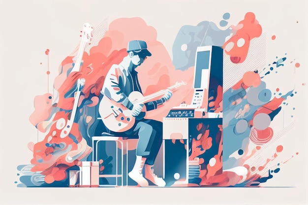 Ilustracja Przedstawiająca Muzyka Grającego Na Gitarze I śpiewającego Na Scenie. Utworzono Za Pomocą Technologii Generative Ai